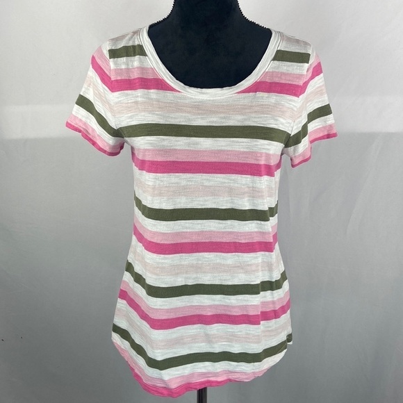Talbot’s Striped Cotton T-Shirt with Button Detail on Back - Picture 1 of 6